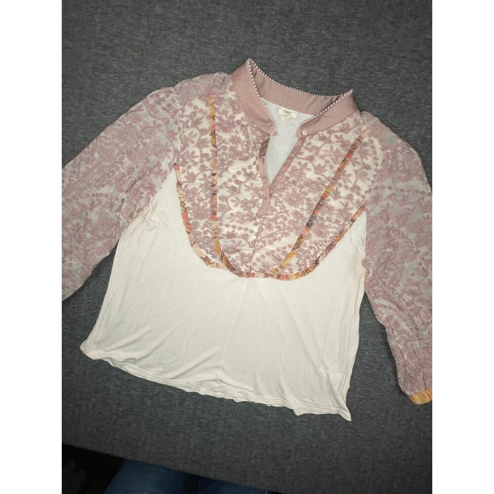 Tiny Anthropologie XL Cream Lace Blouse Peasant Boho Ruffle Bib Cottagecore